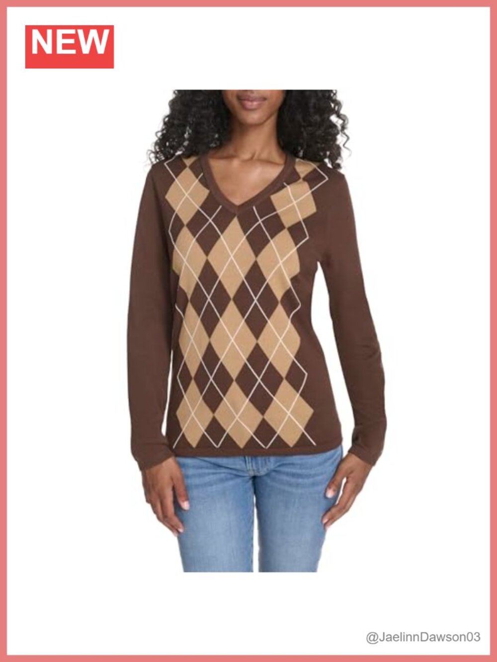 Long Sleeve Cotton Argyle V-Neck Pullover Sweater